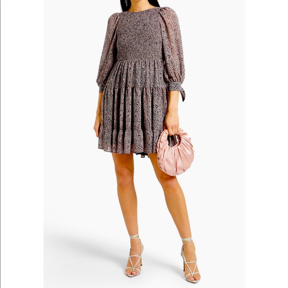 CINQ Á SEPT Annabell open-back printed crepe de chine mini dress.  NWT Size 14